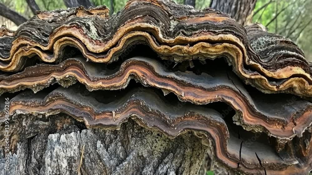 Poster unique layers of tree fungi growing on a fallen log in a forest during the afternoon