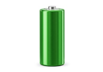 A single green alkaline battery standing upright on a isolated on a white background
