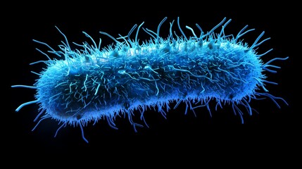 Detailed Visualization of Single Bacterium with Flagella Against Black Background