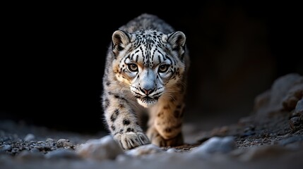 Fototapeta premium A snow leopard navigating through rocky terrain in the Himalayas