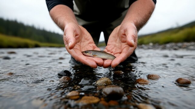 A fisherman releasing a small fish back into a clean river