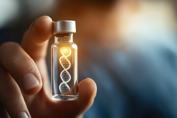 A hand holds a glass vial containing a glowing DNA strand, symbolizing biotechnology and genetic research.