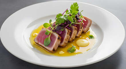 Gourmet Seared Tuna Steak with Microgreens and Citrus Emulsion Plating