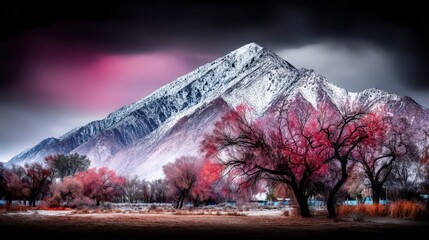 Majestic Mountain Landscape Under Dramatic Clouds and Colorful Trees