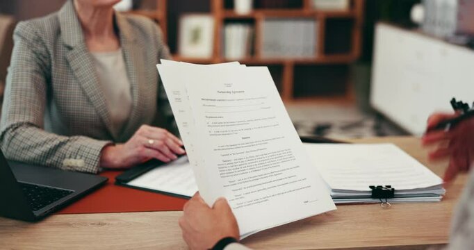 Business, documents or people in office, partnership agreement or conversation for negotiation. Closeup, employees or legal aid in workplace, contract or b2b deal with lawyer or report for compliance