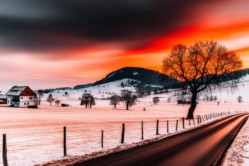 Majestic Winter Landscape with Dramatic Sunset and Tree Silhouette