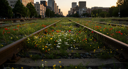 Wildflower Meadow Growing Through Abandoned Train Tracks Downtown
