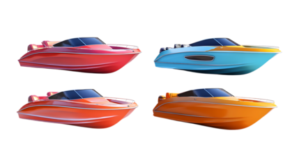Pack Speedboat Set in Different Poses Against Transparent Background for Marine, Water Sports, or Nautical Designs