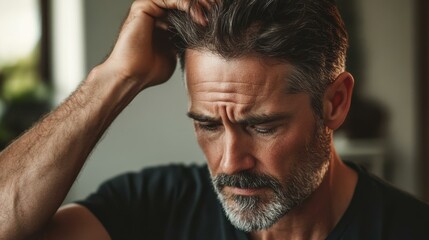 Obraz premium Middle-Aged Man with Graying Hair and Beard Showing a Worried Expression While Touching His Hair