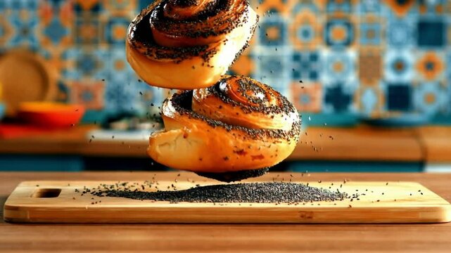 A golden spiral pastry dusted with poppy seeds is captured mid-air, gracefully landing on a rustic wooden board with scattered seeds