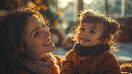 Warm family setting where the child gestures to their stuffed toys as if creating a story while the mother smiles and tries to follow along