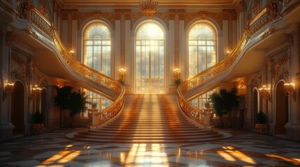 Grand Palace Interior with Majestic Staircase and Elegant Golden Decorations