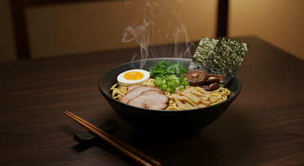 Delicious Gourmet Ramen Bowl With Fresh Toppings And Chopsticks Setting