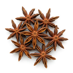 A captivating cluster of star anise, their rich brown hues and intricate star shapes creating a fragrant, exotic still life against a pristine white backdrop.