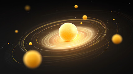 Obraz premium glowing central sphere surrounded by orbiting smaller spheres creates artistic representation of solar system, evoking sense of cosmic wonder and energy