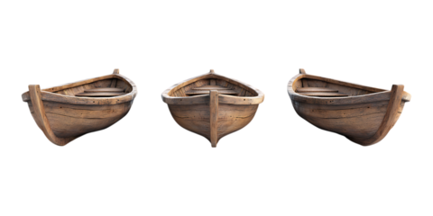 Pack Wooden Boat Set in Different Poses Against Transparent Background for Marine Illustrations, Nautical Branding, or Travel Promotions