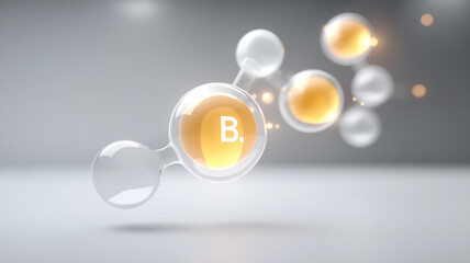 high tech visualization of Vitamin B complex composition, featuring glowing molecular structures in futuristic setting. image conveys sense of innovation and scientific advancement