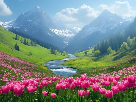 Pink tulips bloom in a lush green valley with a river and snow-capped mountains. - Powered by Adobe