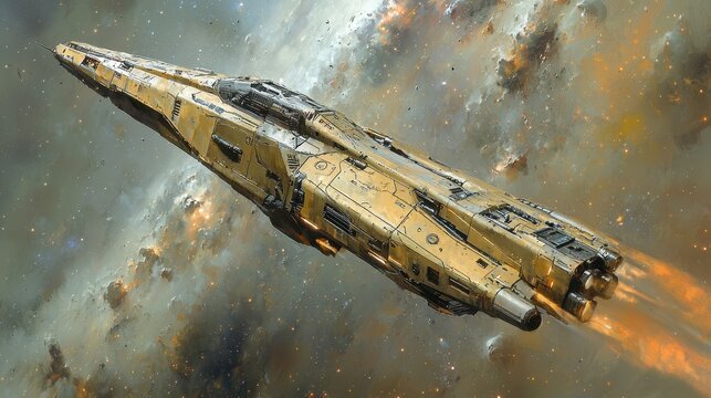 A spaceship, sleek and futuristic, hurtling through the vastness of space, leaving a trail of cosmic dust in its wake. The scene captures the thrill of interstellar exploration and the boundless 