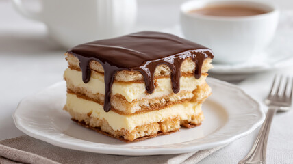 delicious chocolate eclair cake made without baking, featuring layers of creamy filling and topped with rich chocolate glaze, served on white plate with cup of tea