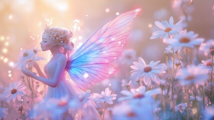 Enchanted fairy exploring a meadow full of blooming daisies during sunset