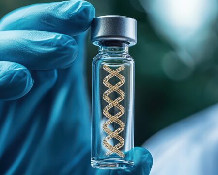 A gloved hand holds a glass vial containing a spiral structure, symbolizing DNA or genetic research, against a blurred background.