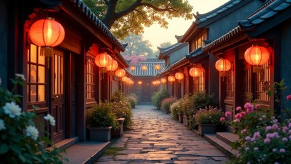 Serene Evening Pathway Illuminated by Traditional Lanterns in an Ancient Architectural Setting