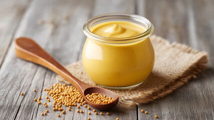 close up of glass jar filled with creamy yellow mustard, placed on rustic wooden table with mustard seeds scattered beside wooden spoon. scene evokes sense of homemade simplicity