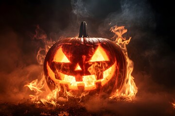 Carved pumpkin with a scary face surrounded by flames on a dark background.