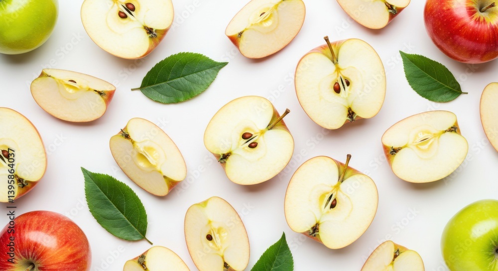 Poster overhead view of sliced apples and whole apples scattered on a white surface with green leaves aroun
