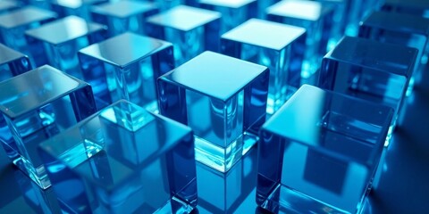 Obraz premium A captivating arrangement of translucent azure cubes reflecting light, creating an abstract pattern of vibrant color and subtle depth
