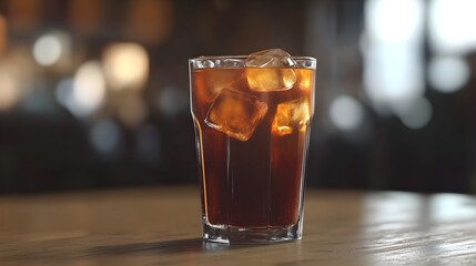 Cold brew coffee with ice in a clear glass,