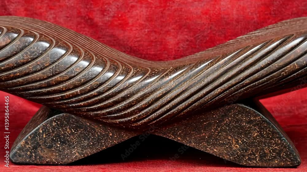 Poster elegant carved stone sculpture with intricate wavy patterns displayed against a red background