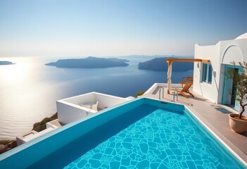 Fototapeta premium Santorini's whitewashed villa, infinity pool overlooking Aegean Sea Sun-drenched luxury, relaxing, resort