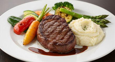 Delicious Gourmet Steak With Roasted Vegetables And Mashed Potatoes Plate