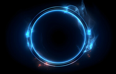 Abstract blue glowing light ring on a black background with smoke, a dark neon circle frame with space for text or design