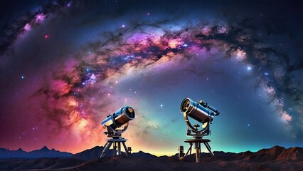 Three large telescopes on a balcony overlooking a nighttime sky dominated by a glowing spiral galaxy.