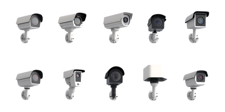 Pack Surveillance Camera Set in Different Poses on Transparent Background for Security, Technology, and Safety-Themed Designs