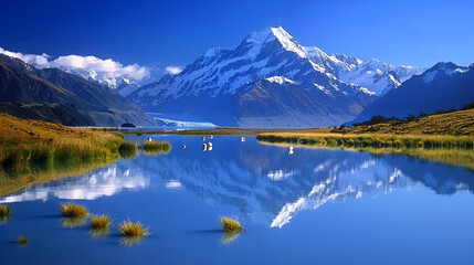 Fototapeta premium Snowy mountain reflecting in a lake with tall grass and a clear blue sky on a sunny day nature scene .