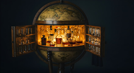 Vintage Globe Bar Cabinet Displaying Decanters and Glasses For Adobe Stock