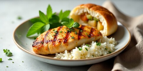 Grilled chicken breast served with fluffy white rice and a side of savory vegetable-filled bread roll, garnished with fresh mint leaves on a plate.