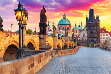 Obraz premium Stunning Sunset Over Historic Bridge and Cityscape in Prague