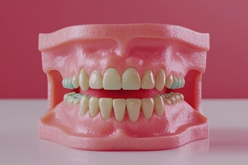 Obraz premium Close-Up Scene of Isolated Fake Teeth on Color Background Representing Painless Dental Care and Health Awareness