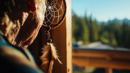Elder contemplates mountain view, dreamcatcher nearby