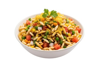 Delicious bhel puri recipe indian street food savory snack bowl isolated on white background