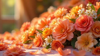 Fototapeta premium Golden Hour Bloom A Soft Focus Arrangement of Peach and Orange Flowers with Delicate White Accents on a Pale Surface