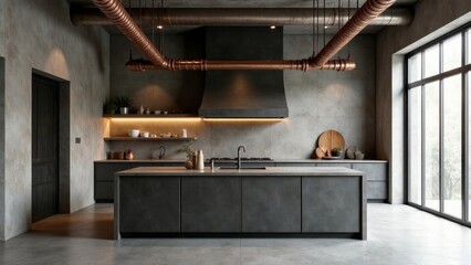 Modern industrial kitchen design with copper piping accents and sleek dark cabinetry