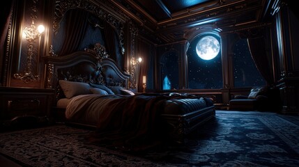 Luxurious bedroom, moonlit night, opulent decor, fantasy setting, interior design