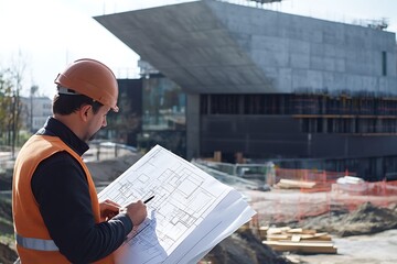 Naklejka premium Architect reviewing blueprints on a construction site, overseeing the building of a modern structure, professional focus.