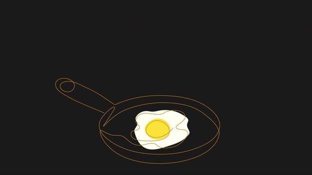 single line drawing of cooking barley on frying pan with breaking egg on black background. Food cooking concept. Self drawn animation contour line, continuous line. 4K animation